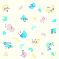Vector illustration of a cute plumbing. Collection of traps, drains, taps, hand tools, vise, pipe, connector, valve and other elements. Isolated on beige.