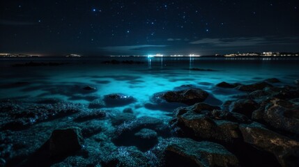 Fototapeta na wymiar Photo of the blue sea at night, fabulous neon glow from under the water. Generative AI