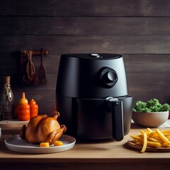Black air fryer or oil free fryer appliance on the wooden table with cement wall kitchen. Generative AI