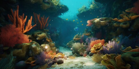 Fototapeta na wymiar Undersea world. Coral reef and fish. Generative AI