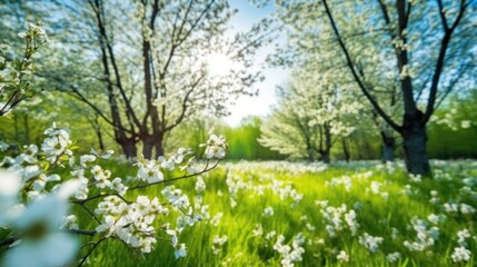 Beautiful blurred spring background nature with fields of flowers, trees and blue sky on a sunny day.Generated with AI.
