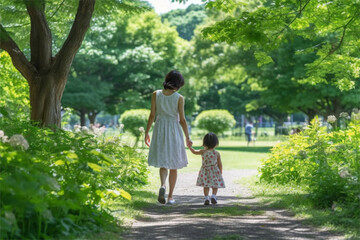 Fototapeta na wymiar 公園を歩くママと小さな子供　ジェネレーティブAI