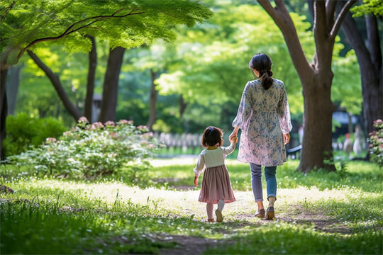 公園を歩くママと小さな子供　ジェネレーティブAI