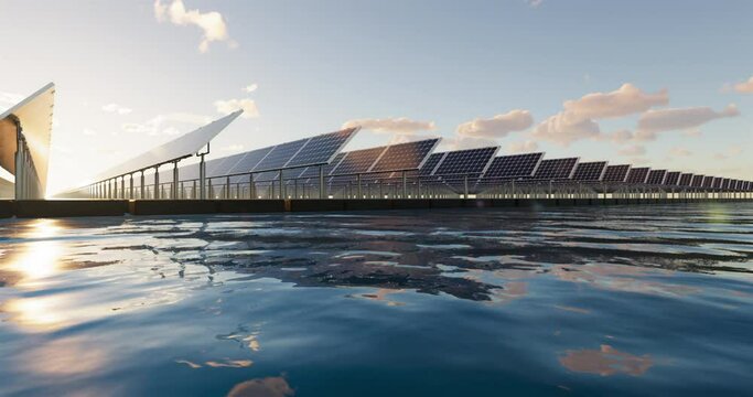 3d rendering of floating solar or floating photovoltaics. May called floatovoltaics, solar farm, power station or solar power plant. Row panel and pontoon on water. Clean and green power energy.