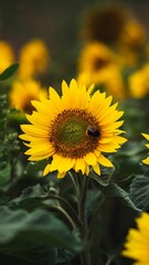 Fototapeta premium Vertical closeup of a bumblebee on a yellow sunflower growing in a field