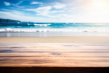 Top of wood table with seascape, blur calm sea and sky at tropical beach background. Empty table ready for your product display montage.