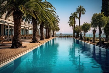 Fototapeta premium The embankment is beautiful with palm trees with pools in the park on the seashore. Generative AI 
