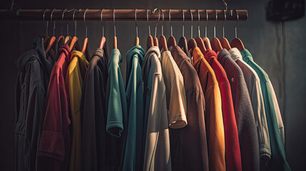 Obraz premium Collection of clothes hanging on rack. Generative AI