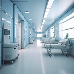 Modern hospital with information counter and hospital bed in rooms. Generative AI