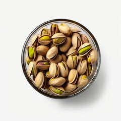 Pistachio nuts in bowl  isolated on white background. Generative AI