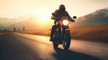 Motorbike rider on road. Generative AI - obrazy, fototapety, plakaty