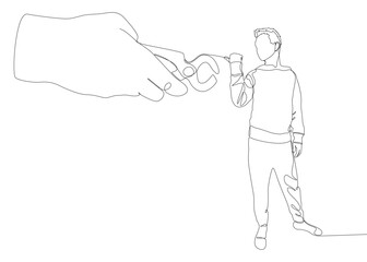 One continuous line of Man pointing with finger at Pliers, Tongs. A hand tool used to hold objects securely. Thin Line Illustration vector concept. Contour Drawing Creative ideas.