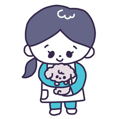 かわいいトイプードルの子犬を抱っこするペットショップの女性の店員さんのイラスト