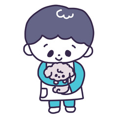かわいいトイプードルの子犬を抱っこするペットショップの男性の店員さんのイラスト