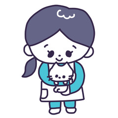 かわいい白い色の子猫を抱っこするペットショップの女性の店員さんのイラスト