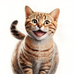 Tabby cat smiling with happy expression isolated on a white background