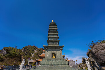 Pagoda at the top of mount Fanispan, Sapa region, Lao Cai, Vietnam. The Grand belfry - Vong Linh...