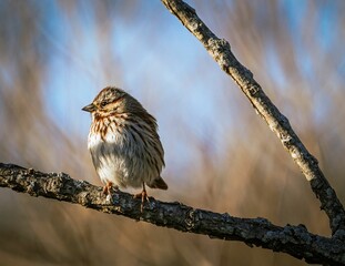 Close-up shot of a cute small song sparrow perched on a tree branch in the garden