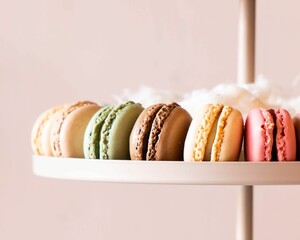 Closeup shot of colorful macarons on a round display tray - Powered by Adobe