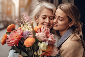 Portrait of two women embracing with flowers hugging each other. Concept of love and friendship between mother and adult daughter.