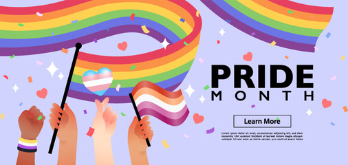 Website template banner of people hold rainbow flag with sign language hands supporting LGBTQIA PRIDE month.