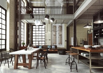 3d rendered illustration of a loft open plan modern apartment