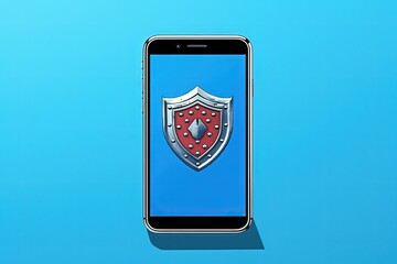 Mobile phone with shield icon on screen isolated on blue background, Generative AI
