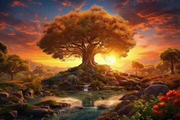 Garden of Eden with Tree of Life, garden at sunset, Generative AI
 - obrazy, fototapety, plakaty