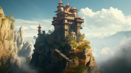 Castle on top of stone mountain in fantasy world, medieval fortress on top of a cliff, Generative AI