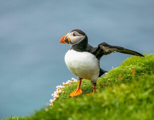 Cute Atlantic puffin (Fratercula arctica) resting with the sea in the blurred background