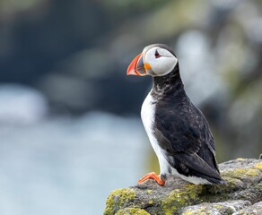 Closeup of a cute puffin perched on a rock