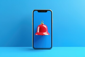 Obraz premium Mobile phone with red bell icon on screen on blue background, Generative AI
