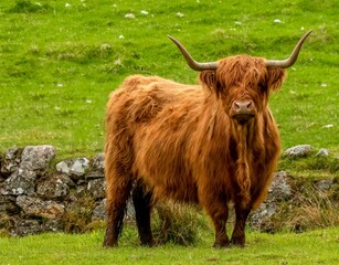 Cute highland breed cow standing in a green field
