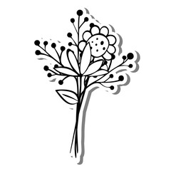 Little Bouquet Line Art. Flower, Leaves and Pollen on white silhouette and gray shadow. Vector illustration for decoration or any design.