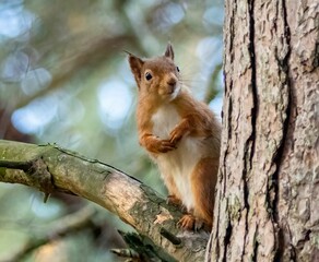 Shallow focus shot red squirrel sitting on a tree branch looking for a food