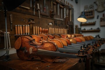 Aesthetic arrangement of violins in the workshop with restoration tools hang on the walls