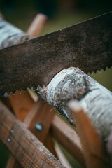 Vertical shot of a saw sawing a wooden log