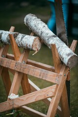 Vertical shot of a wooden stand and a log for sawing