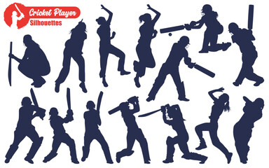 Female Cricket Player Betting and Bowling Silhouettes Vector