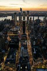 Aerial view of New York City at sunset, United States of America. Vertical shot