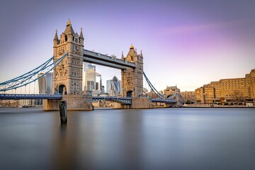Landscape of the Tower Bridge over the Thames with long exposure in London, the UK