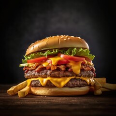 double cheeseburger with lettuce, pickles, beef bacon and fries - obrazy, fototapety, plakaty