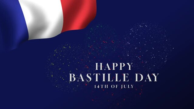 Bastille day france celebration lettering with flag animation. 14 July, Bastille Day Simple Animation. F&ecirc;te Nationale Fran&ccedil;aise, 14 Juillet. French National Holiday, Waving Flag Animation.