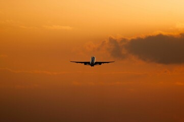Fototapeta na wymiar Closeup shot of a plane flying in the sky at sunset