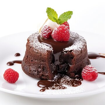 chocolate lava cake with raspberry toppings and ice cream
