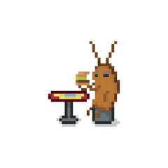 Cockroach cartoon eating burger, pixel art meme