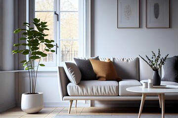 this couch sits against the wall and is next to a window with framed pictures on