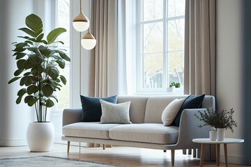 a living room with grey walls, beige couch, two potted plants and a