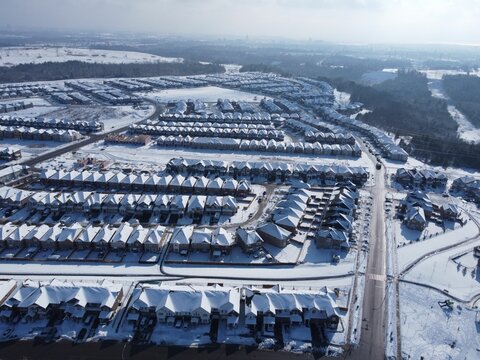 Aerial view of houses covered in snow in Pickering, Ontario, Canada