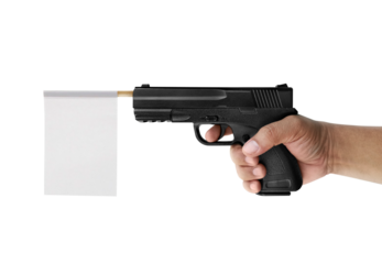 Hand holding gun with paper flag on, transparent background